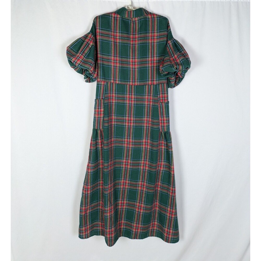Women's Dress S Green Tartan Check Short Balloon Sleeve Button Down Shirt Dress - Picture 5 of 8